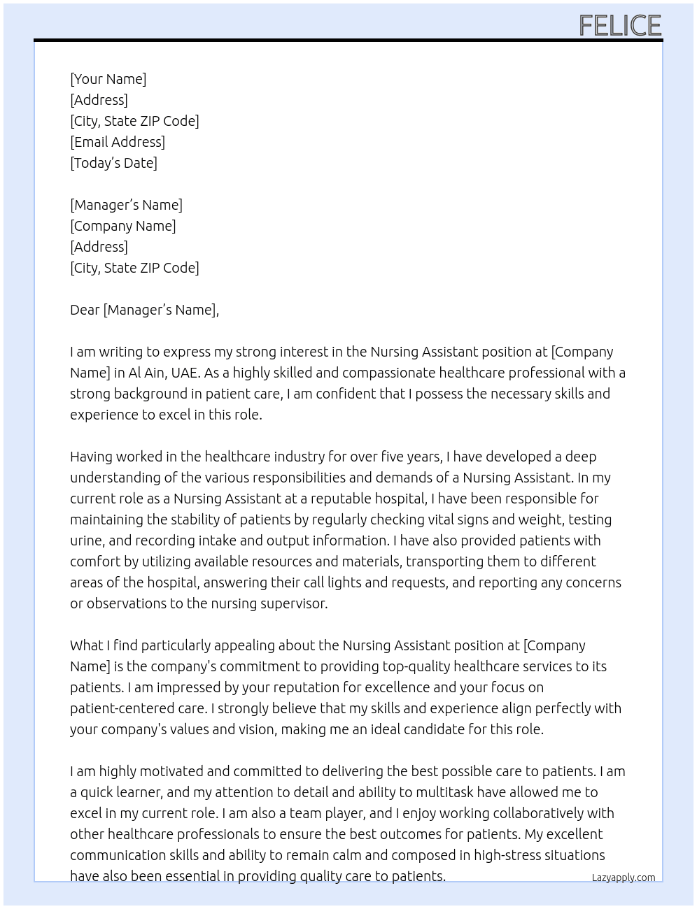 Nursing assistant  At N/A Cover Letter