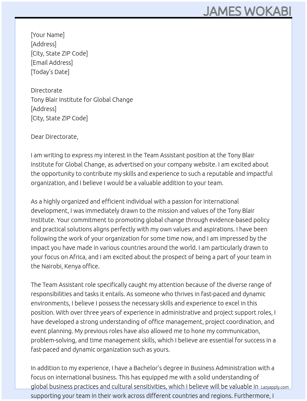 Team Assistant At TONY BLAIR INSTITUTE FOR GLOBAL CHANGE Cover Letter