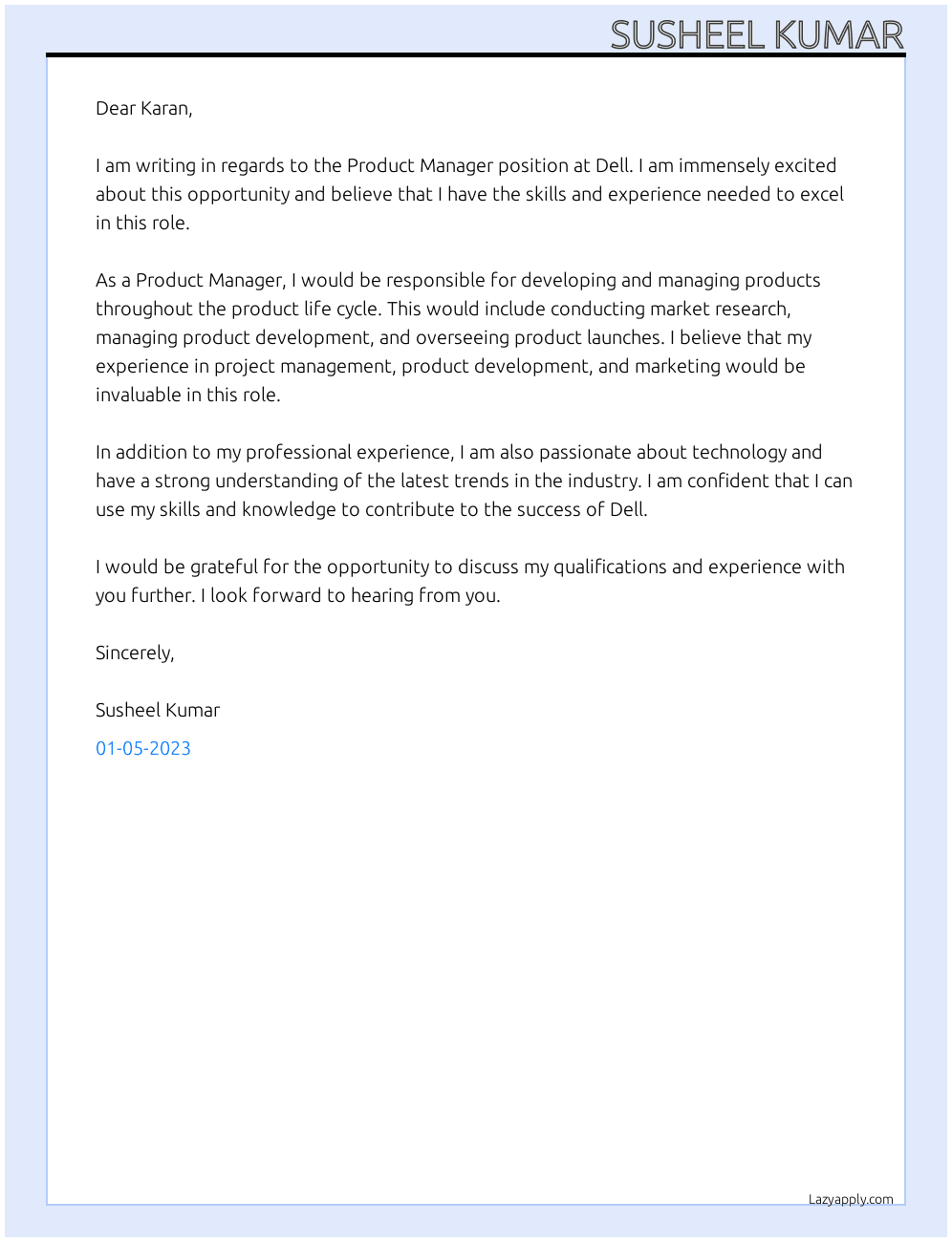 Product Manager At Dell Cover Letter