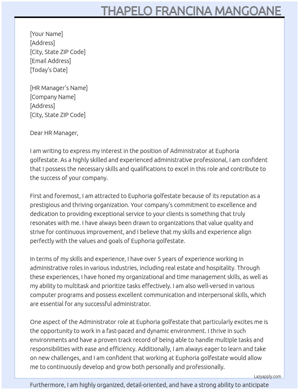 Administrator  At Euphoria golfestate Cover Letter