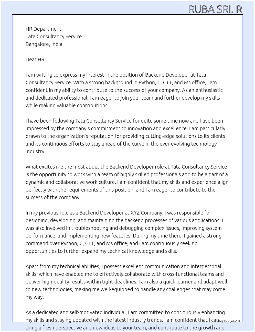 Backend developer At Tata Consultancy Service Cover Letter
