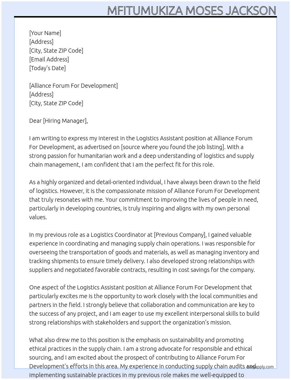 Logistics Assistant At Alliance Forum For Development Cover Letter