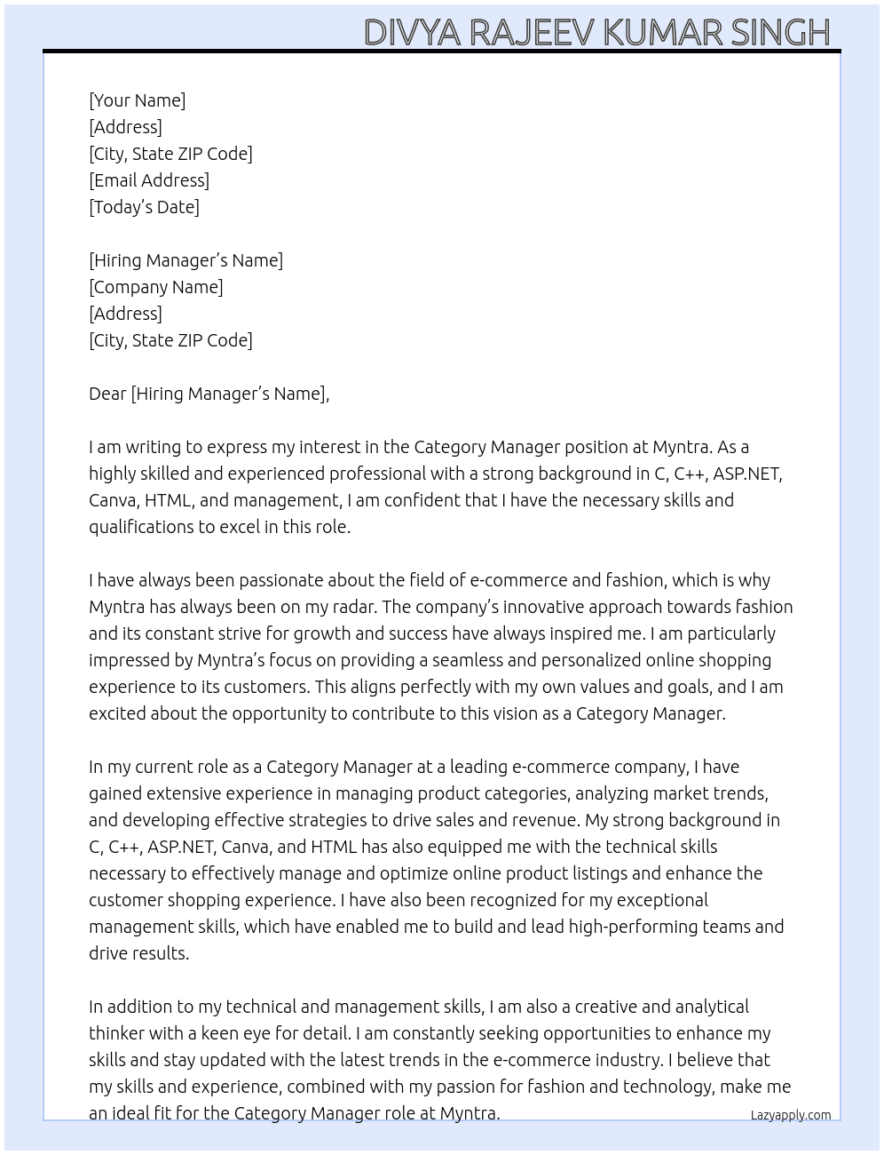 Category manager At Myntra Cover Letter