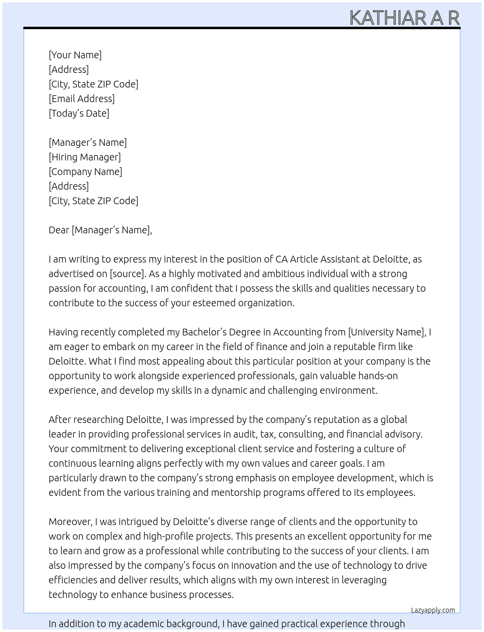 CA Article Assistant At Deloitte Cover Letter
