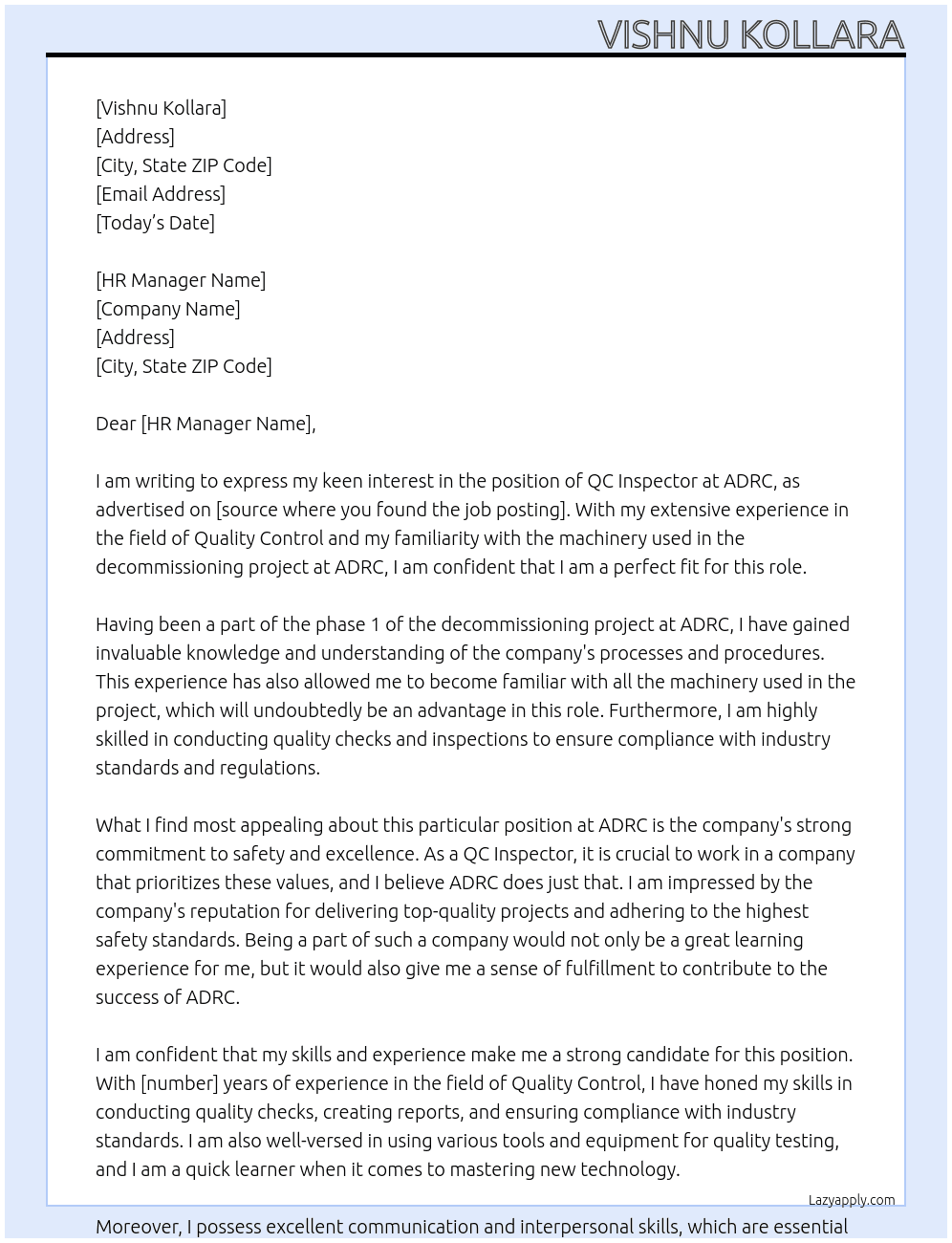 QC Inspector At ADRC Cover Letter