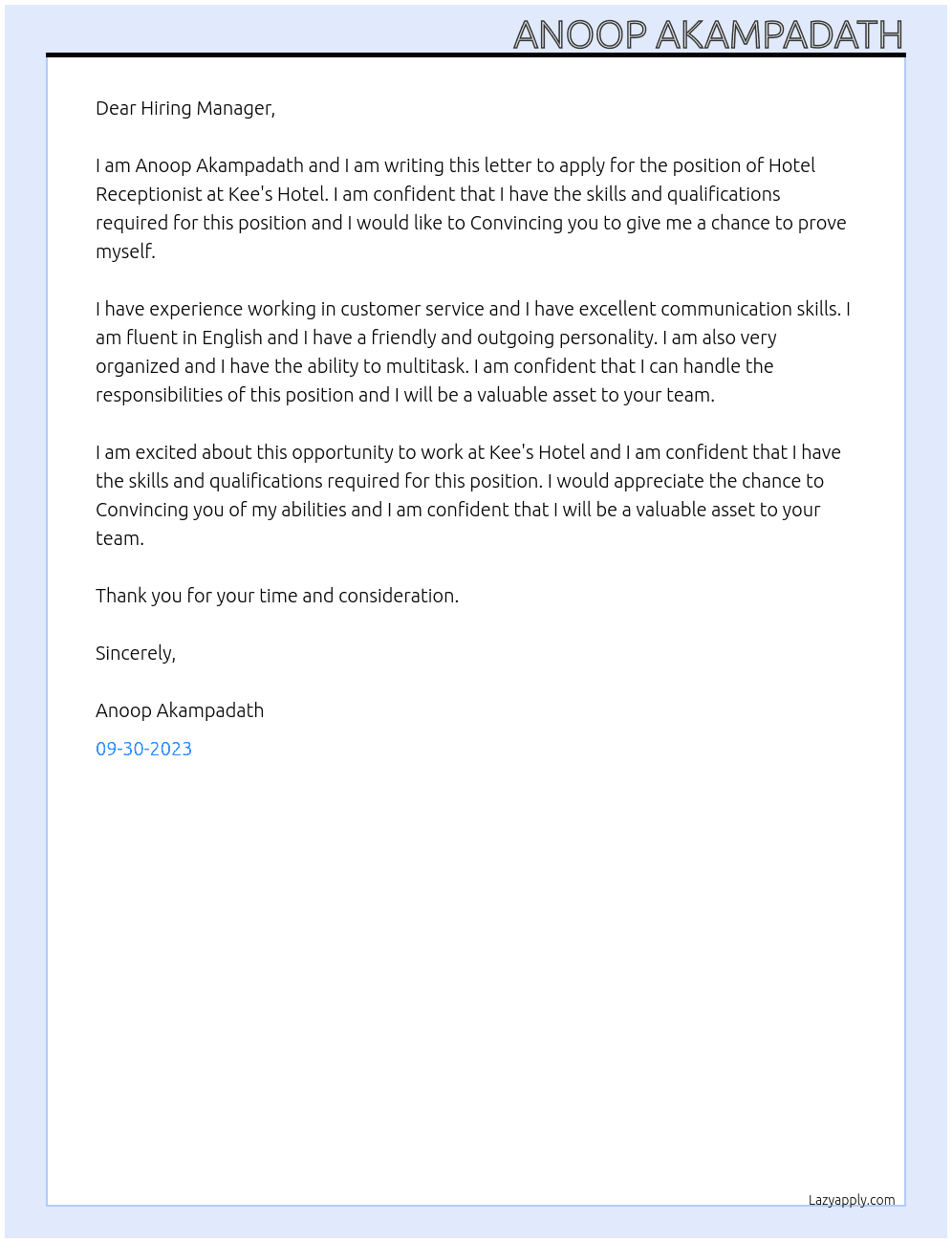 Hotel Receptionist At Kee's Hotel  Cover Letter