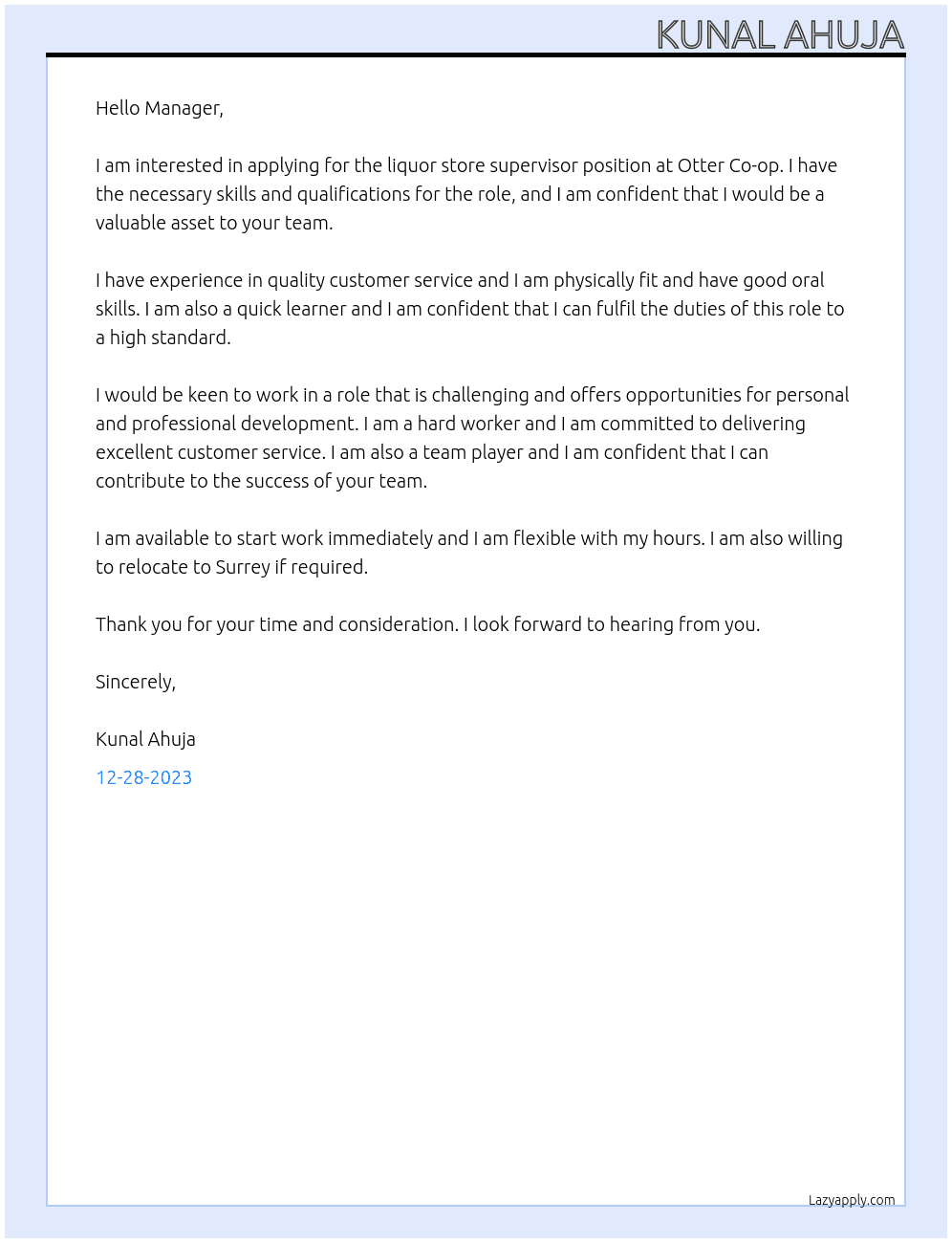 Liquor store supervisor  At Otter Co-op Cover Letter