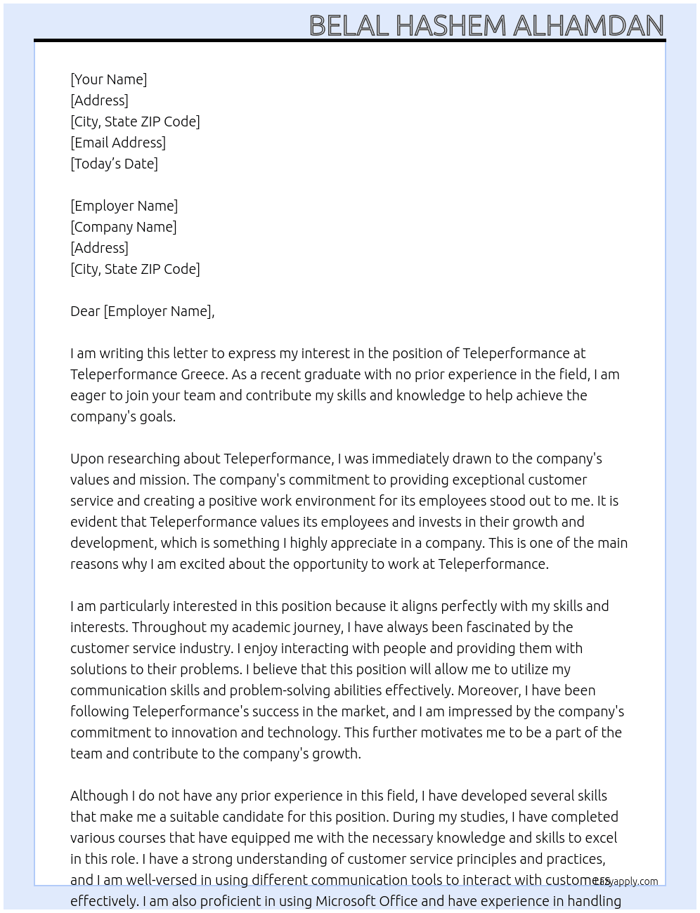 Teleperformance no experince At Teleperformance Greece Cover Letter