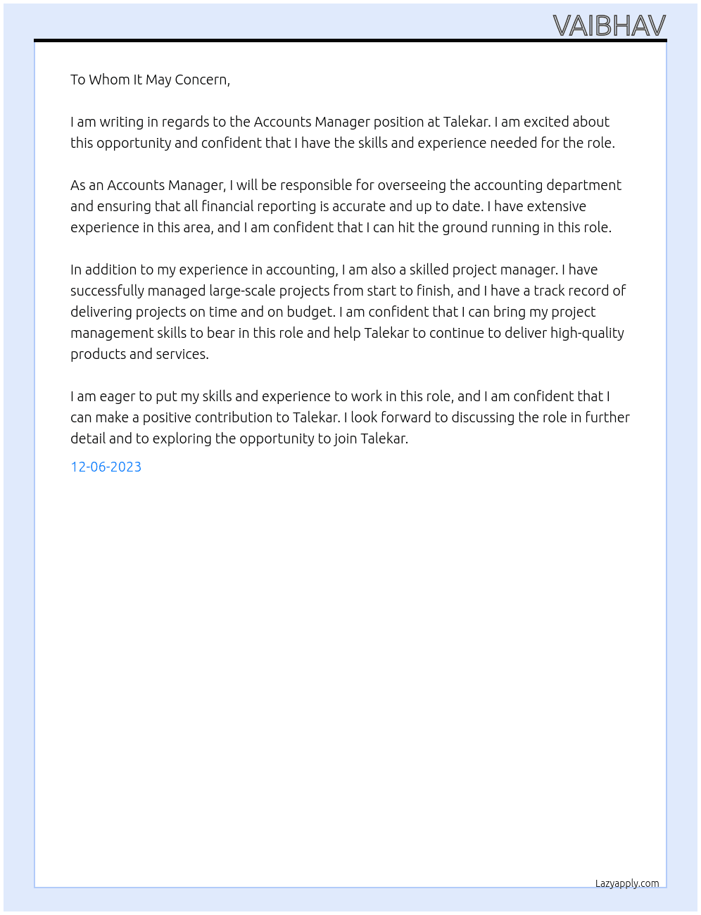 Accounts  Manager At Talekar Cover Letter