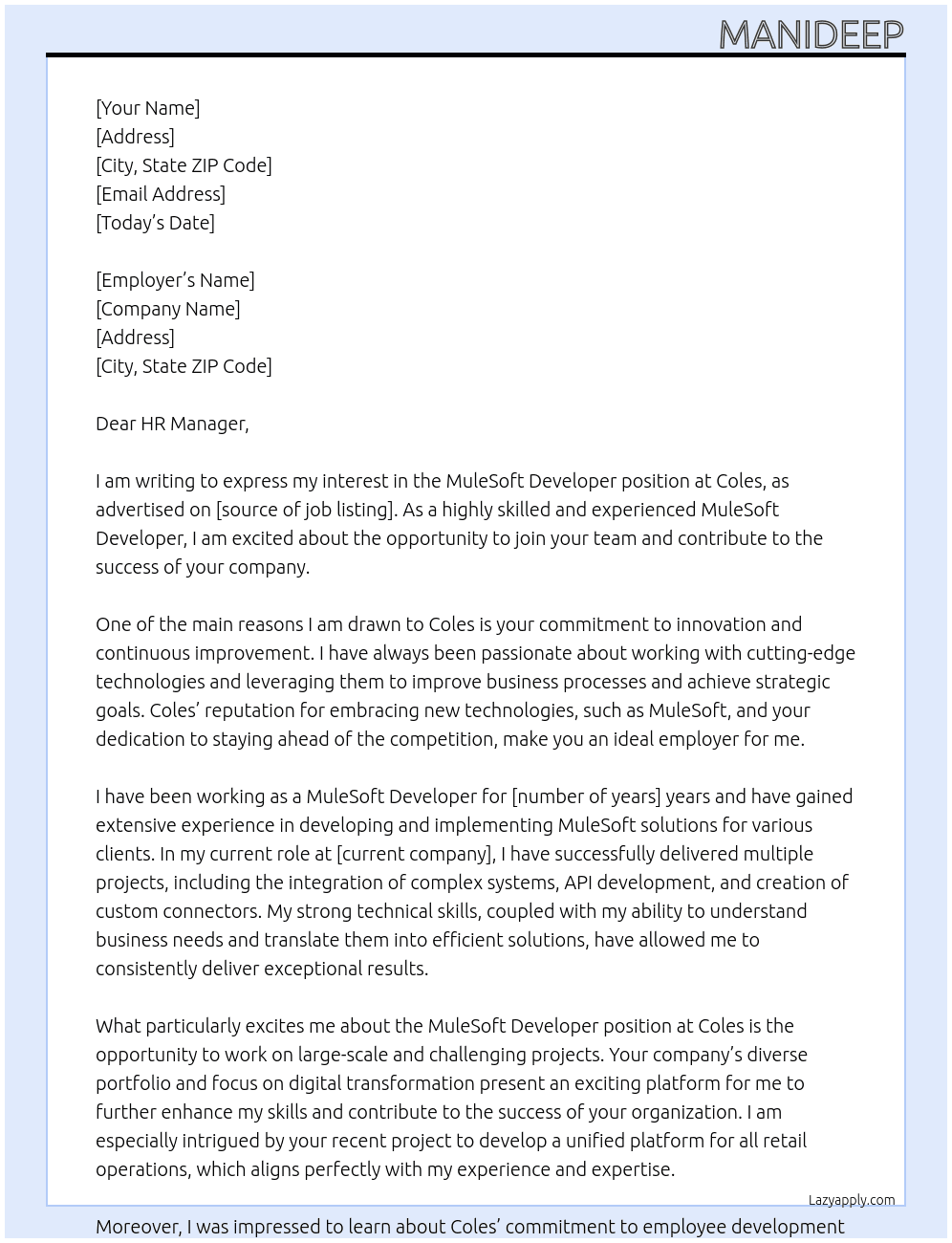 MuleSoft Developer At Coles Cover Letter