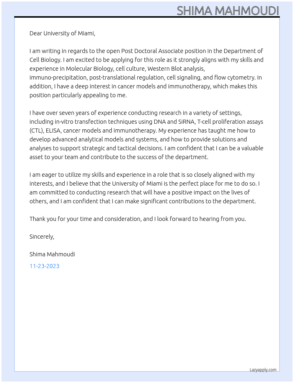 Post Doctoral Associate At Department of Cell Biology Cover Letter