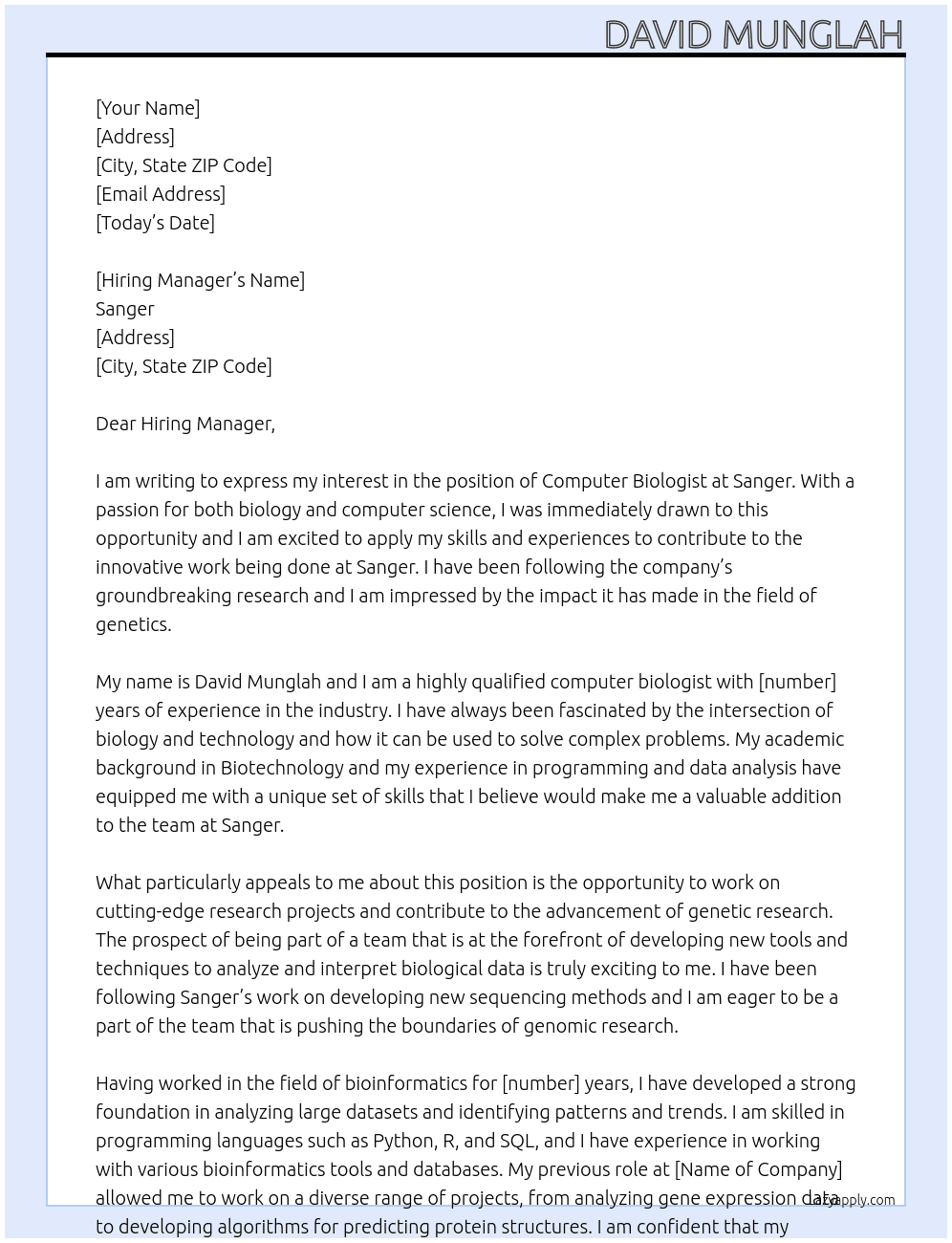 Computer Biologist  At Sanger  Cover Letter