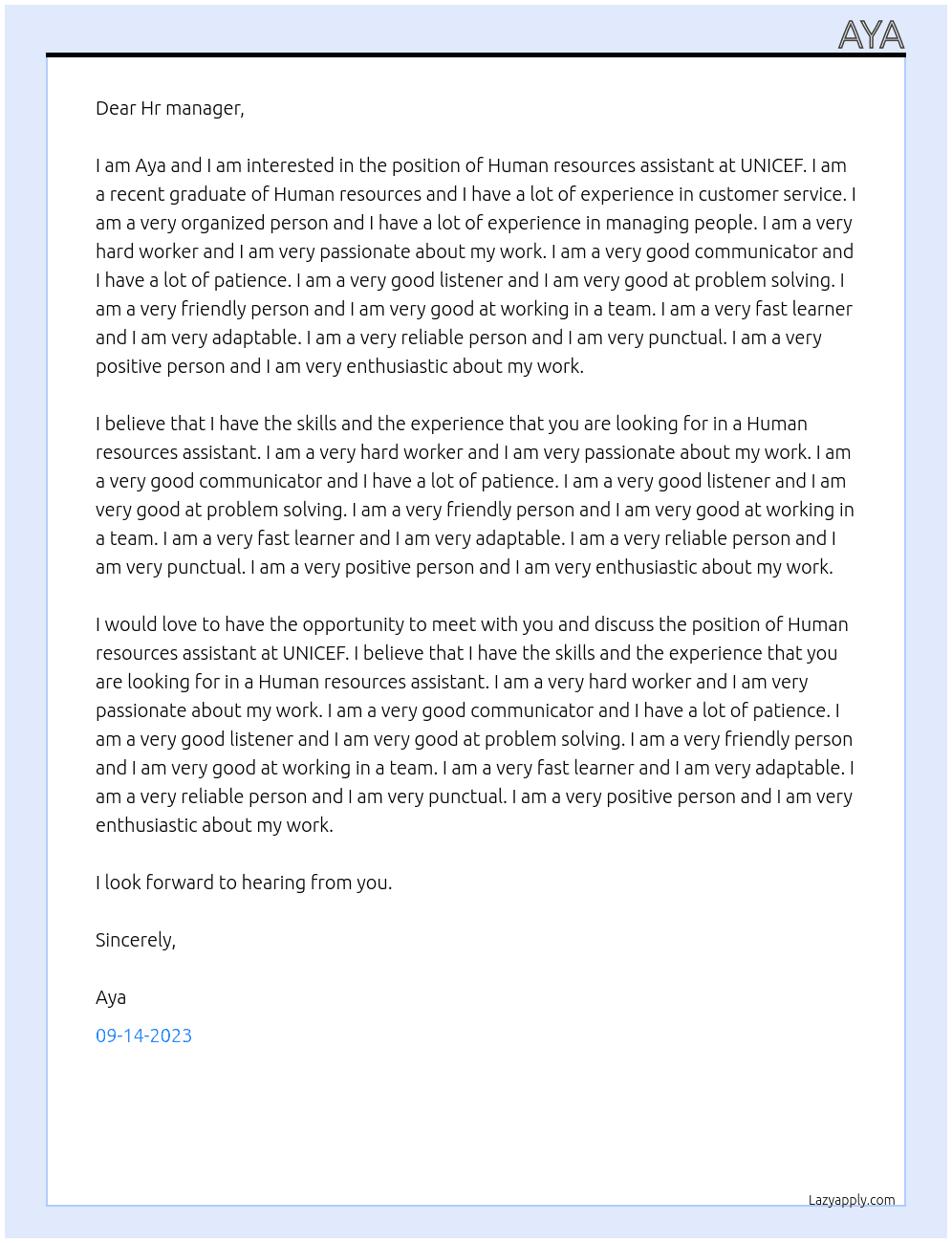 Human resources assistant  At UNICEF  Cover Letter