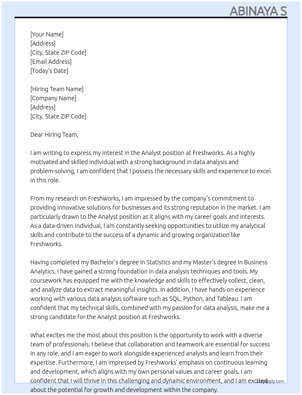 Analyst  At Freshworks Cover Letter