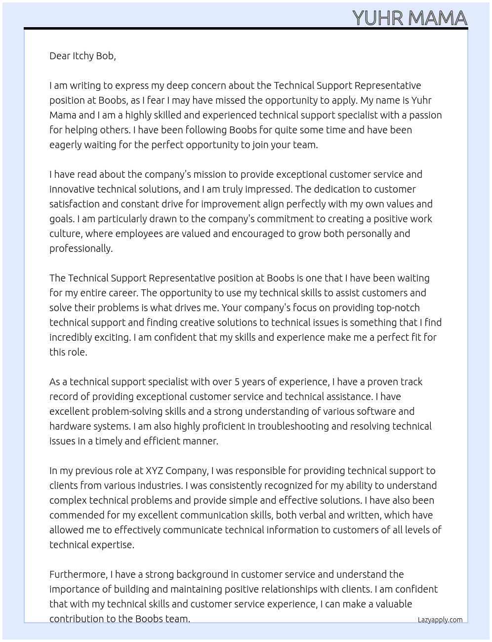 Technical Support Representative  At Boobs Cover Letter