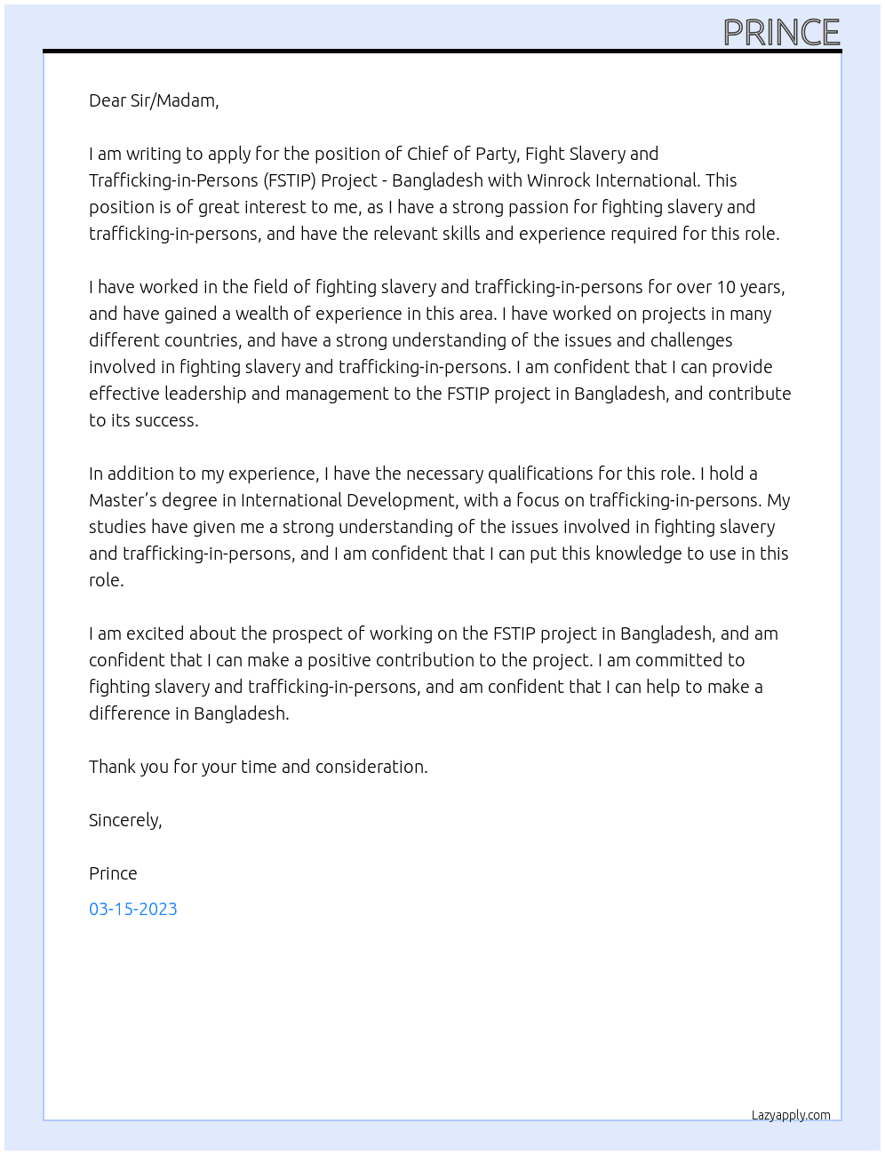 Chief of Party, Fight Slavery and Trafficking-in-Persons (FSTIP) Project - Bangladesh At Winrock International Cover Letter