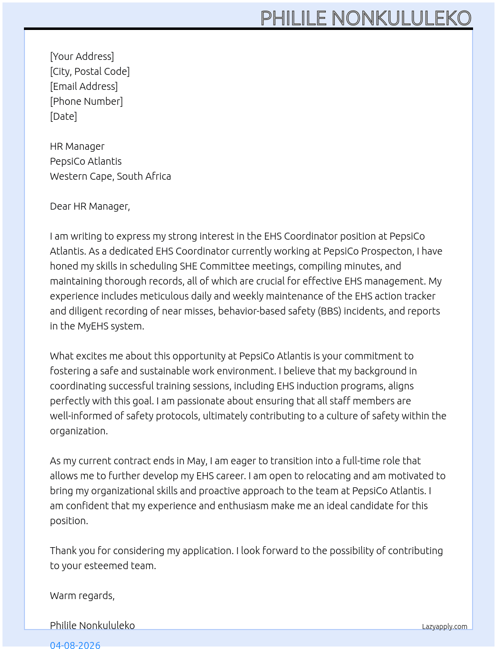 Cover letter for ehs coordinator - LazyApply