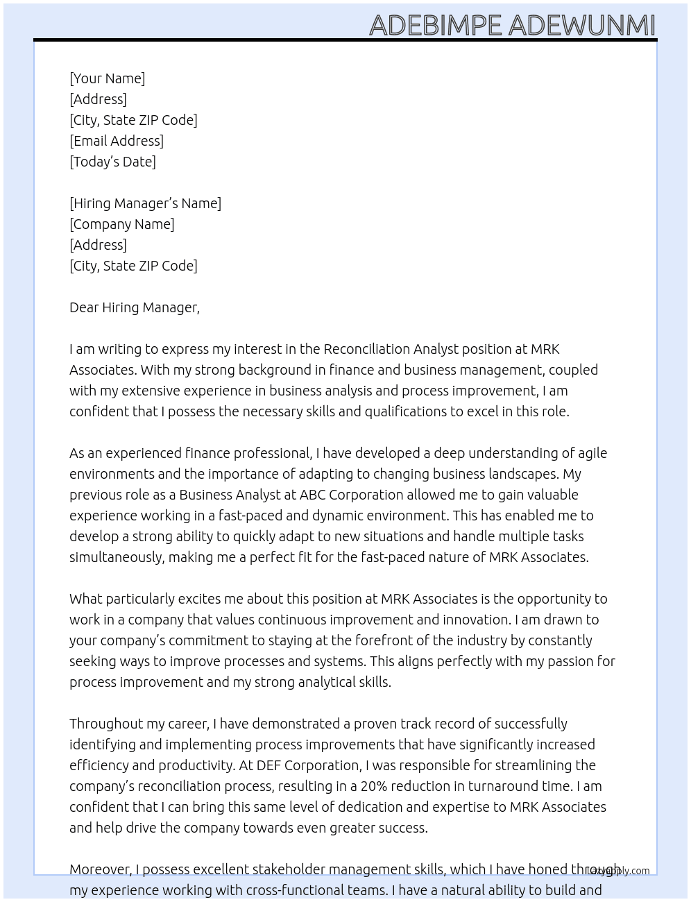 Reconciliation Analyst At MRK Associate Cover Letter