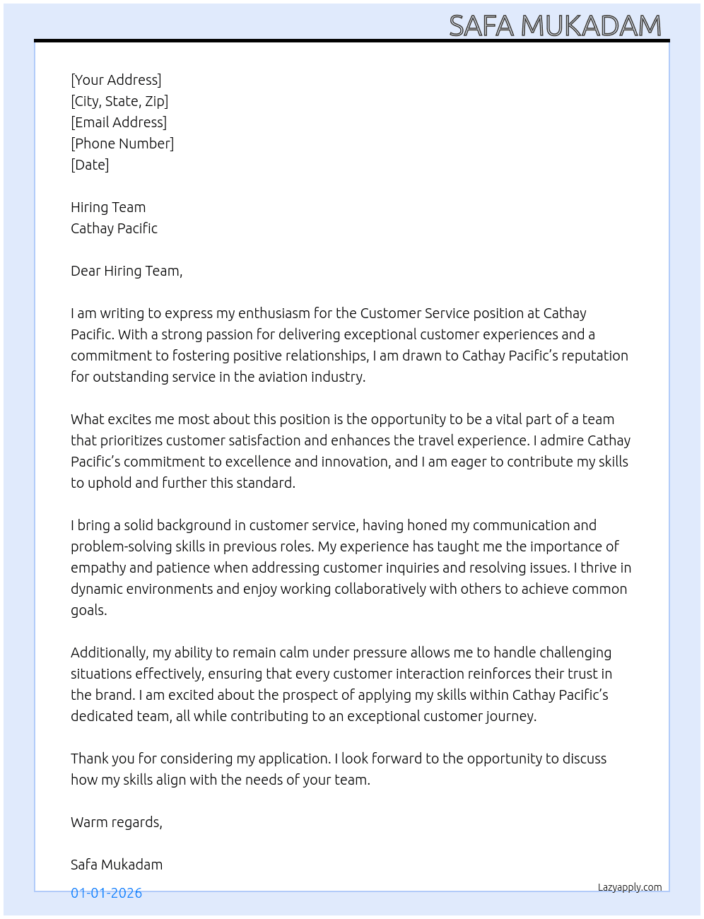 Customer service At Cathay pacific  Cover Letter
