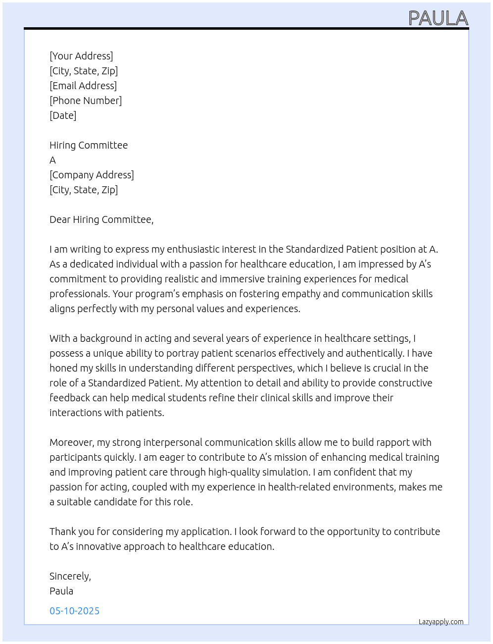 Standardized Patient At A Cover Letter