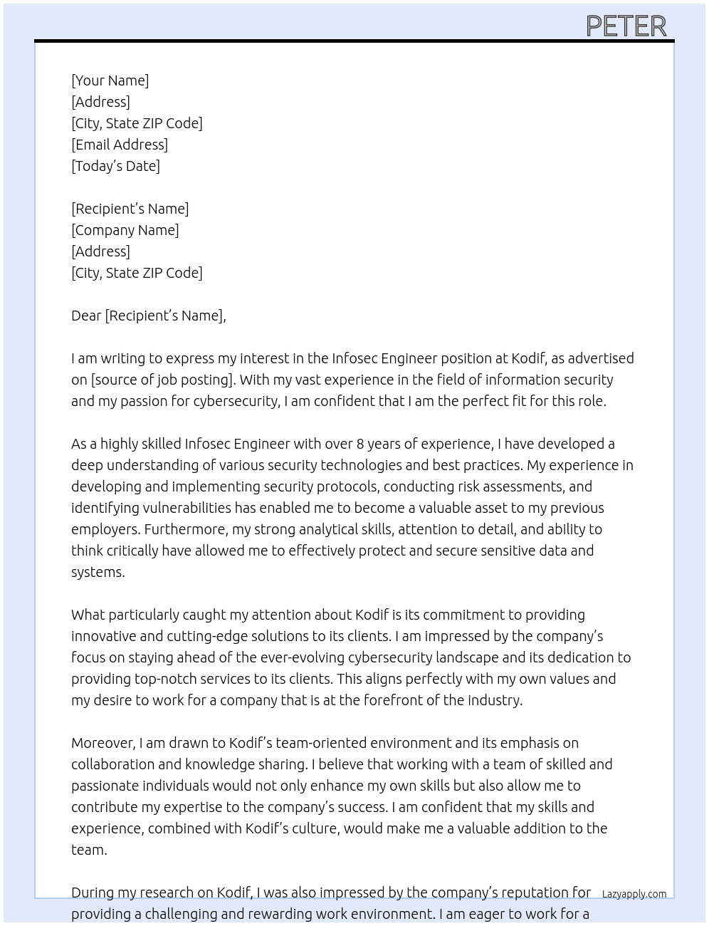 Infosec Engineer At Kodif Cover Letter