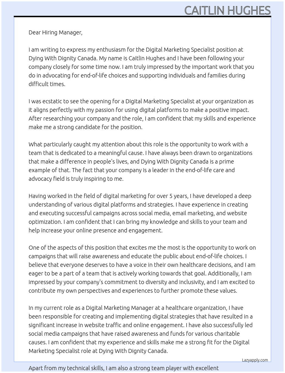 Digital Marketing Specialist  At Dying With Dignity Canada Cover Letter