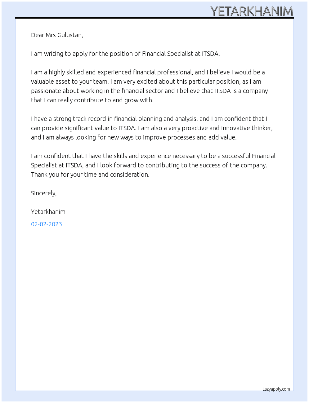 Financial specialist At ITSDA Cover Letter