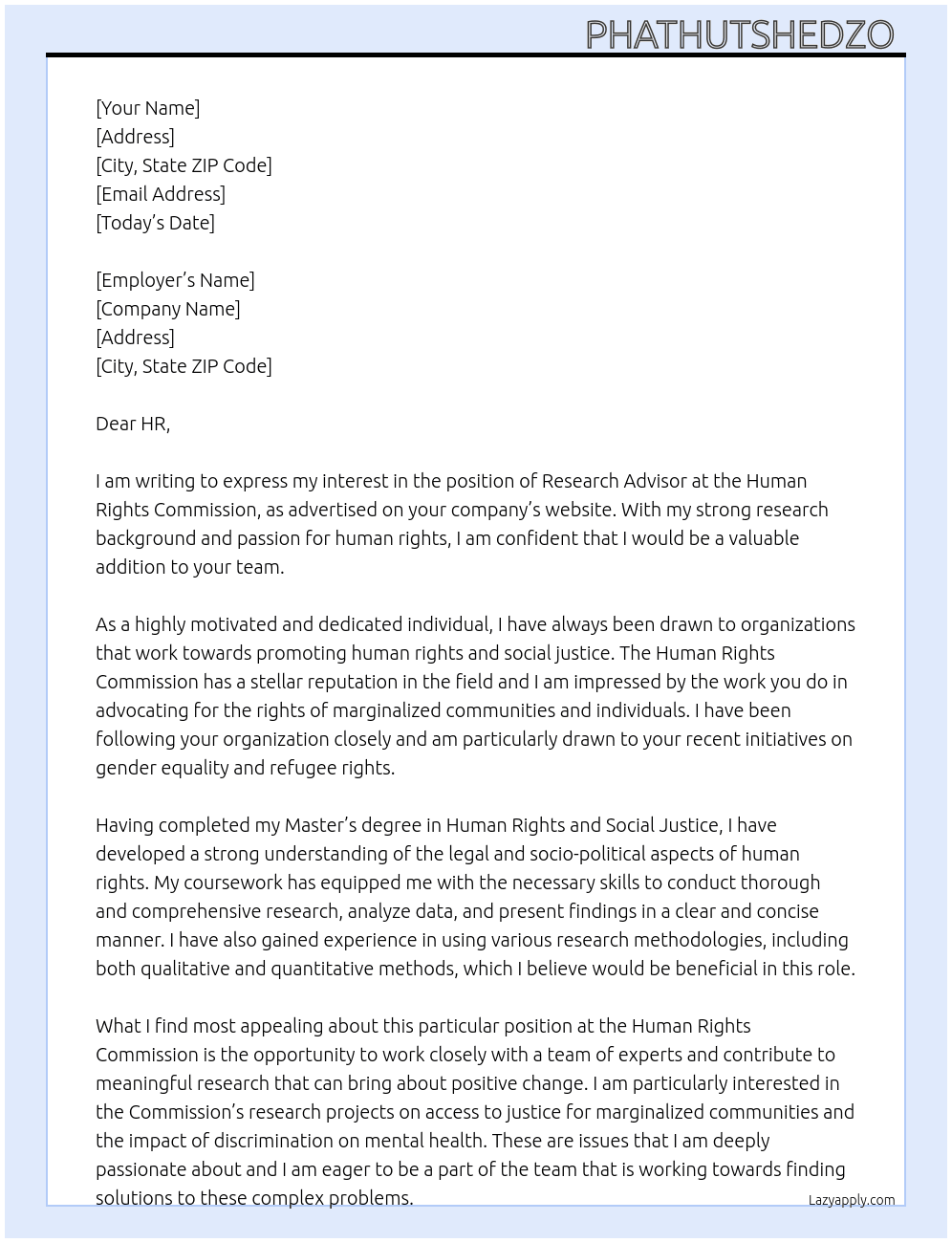 Research advisor At Human rights commision Cover Letter