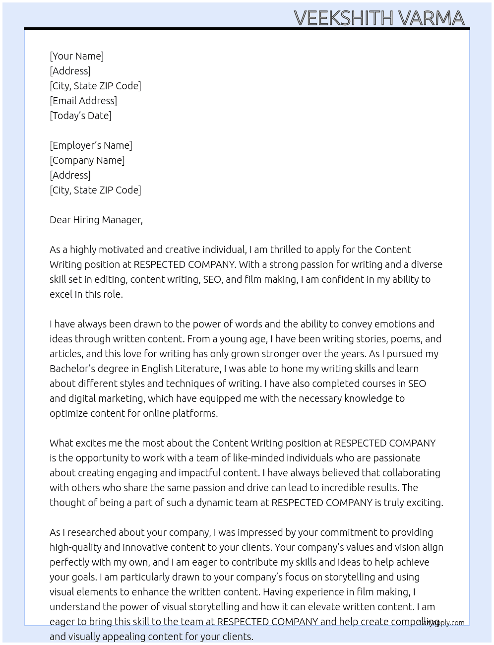 Content writing  At RESPECTED COMPANY  Cover Letter