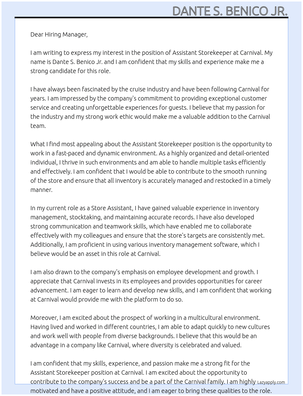 Assistant Storekeeper  At Carnival Cover Letter