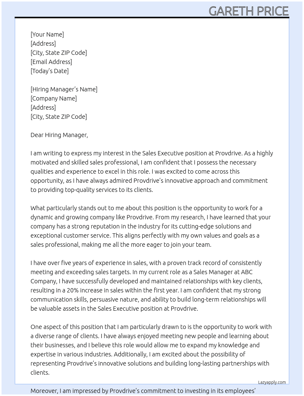 sales executive  At provdrive Cover Letter