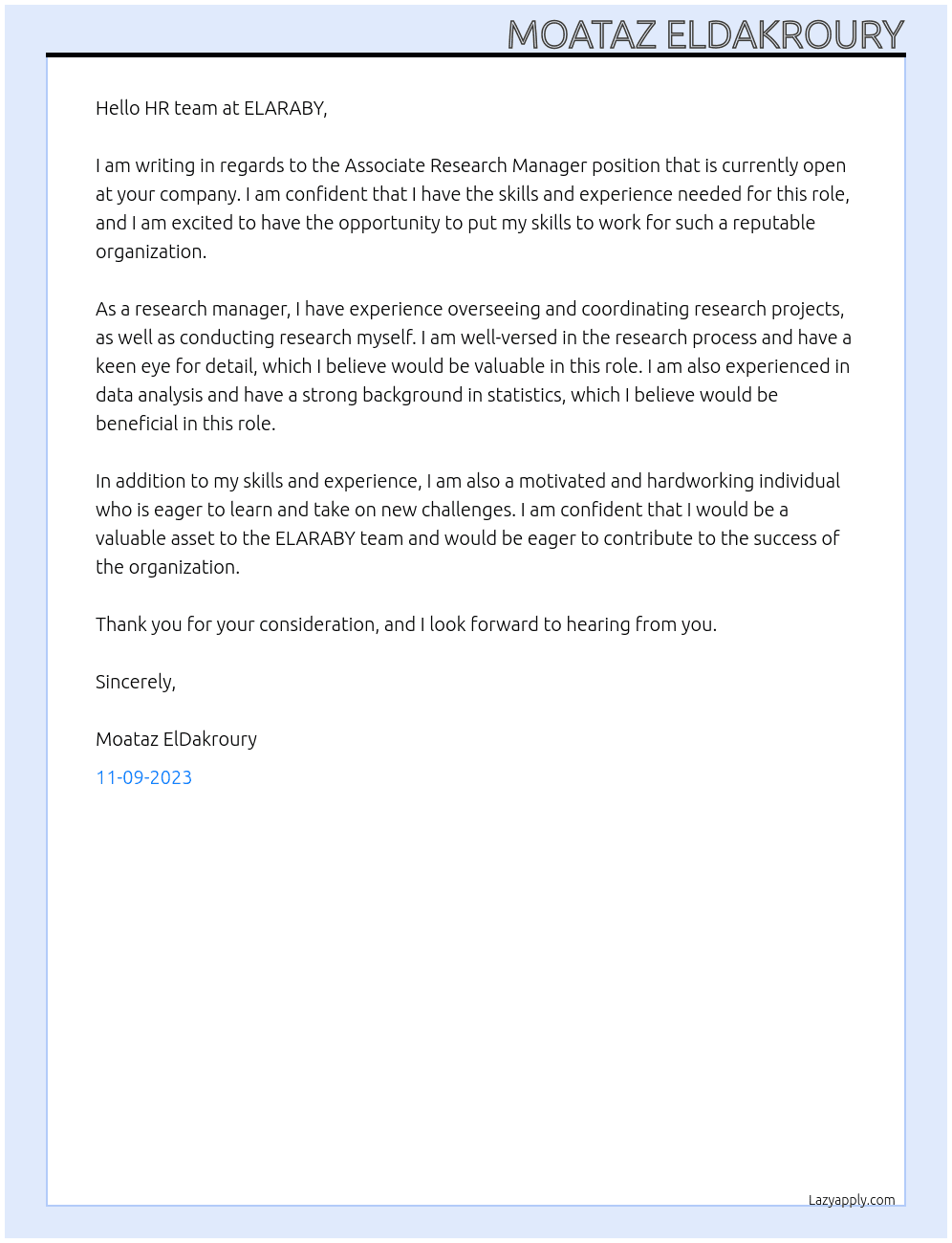 Associate Research Manager At ELARABY Cover Letter