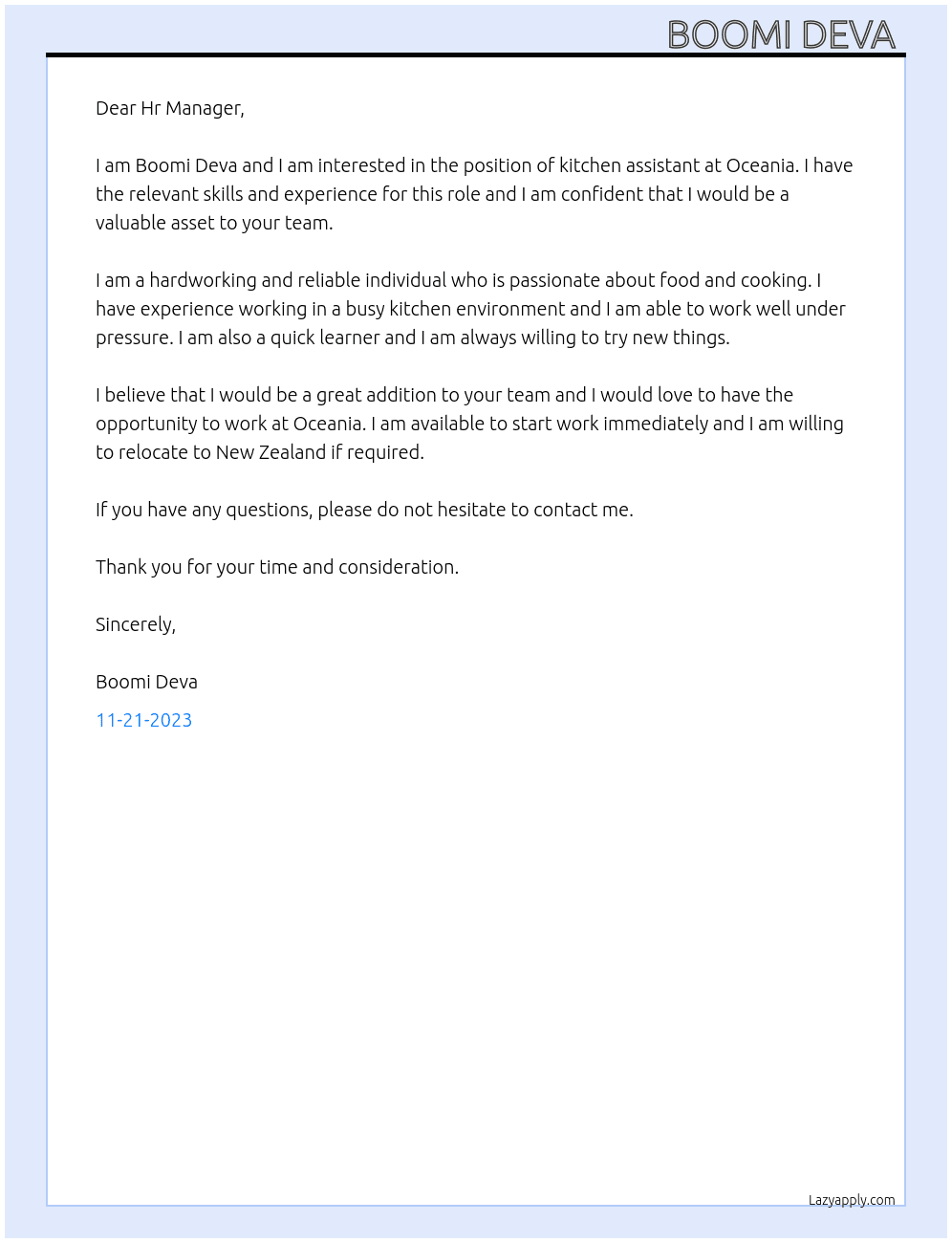 Kitchen assistant  At Oceania  Cover Letter