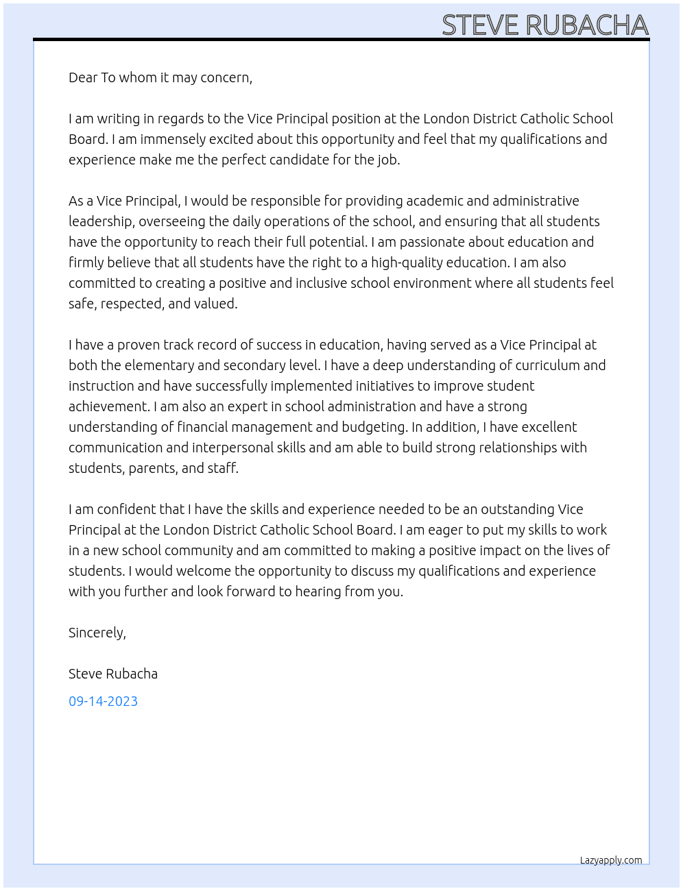 Vice Principal At London District Catholic School Board Cover Letter