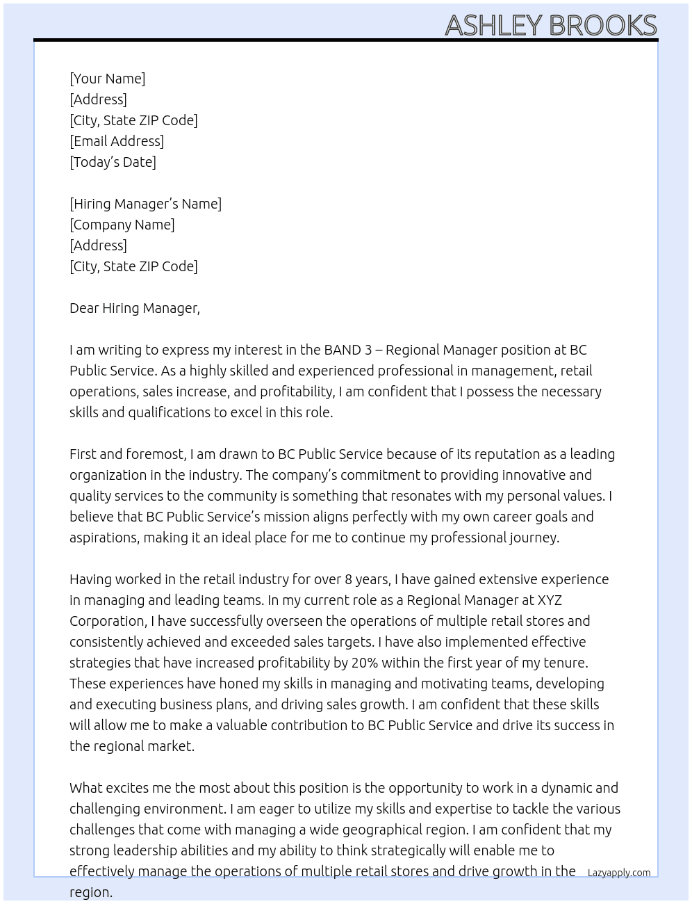 BAND 3 - Regional Manager At BC Public Service Cover Letter