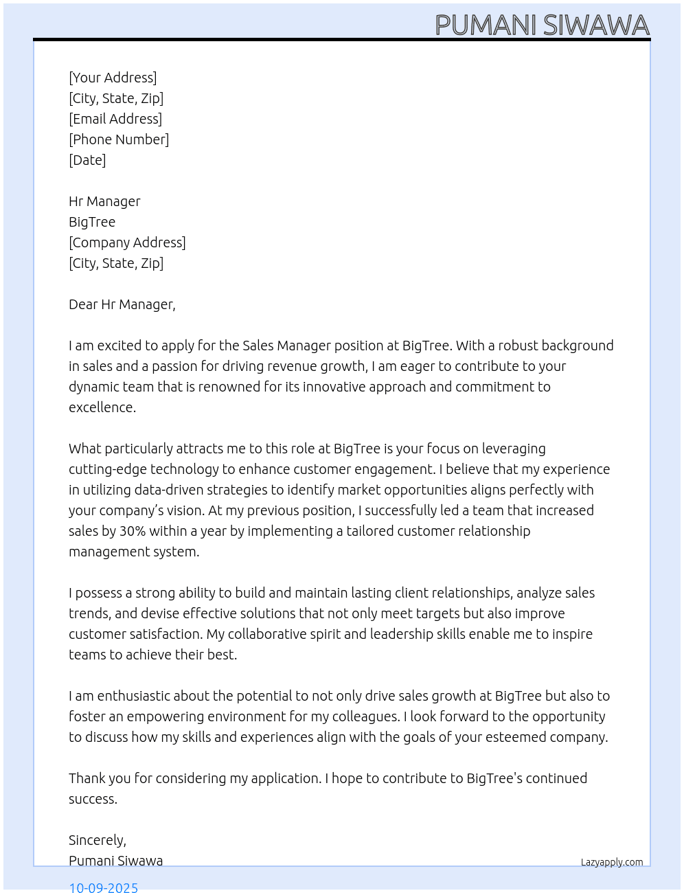 Sales M At BigTree Cover Letter