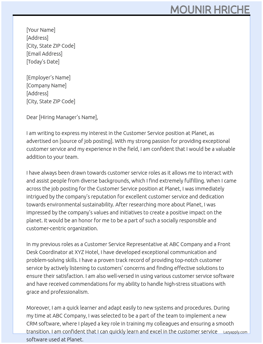 Customer service At Planet  Cover Letter