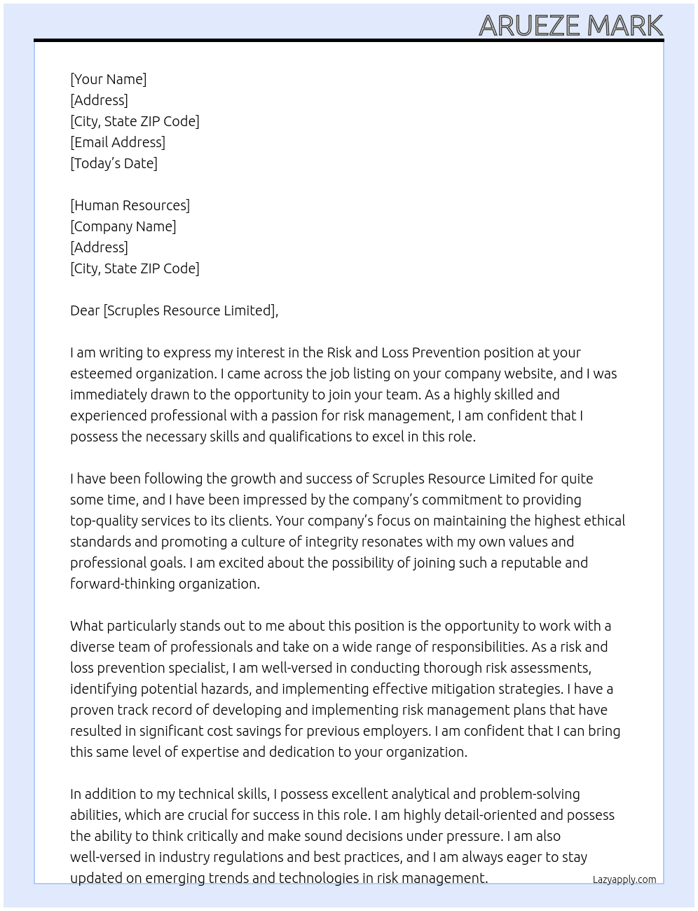 Risk and Loss prevention At Human Resources Cover Letter