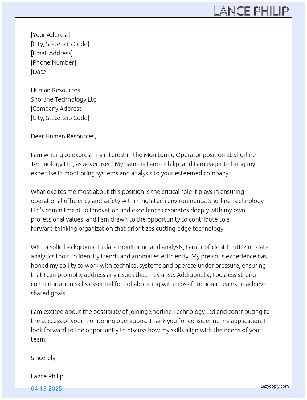 Monitoring operator  At Shorline Technology Ltd  Cover Letter