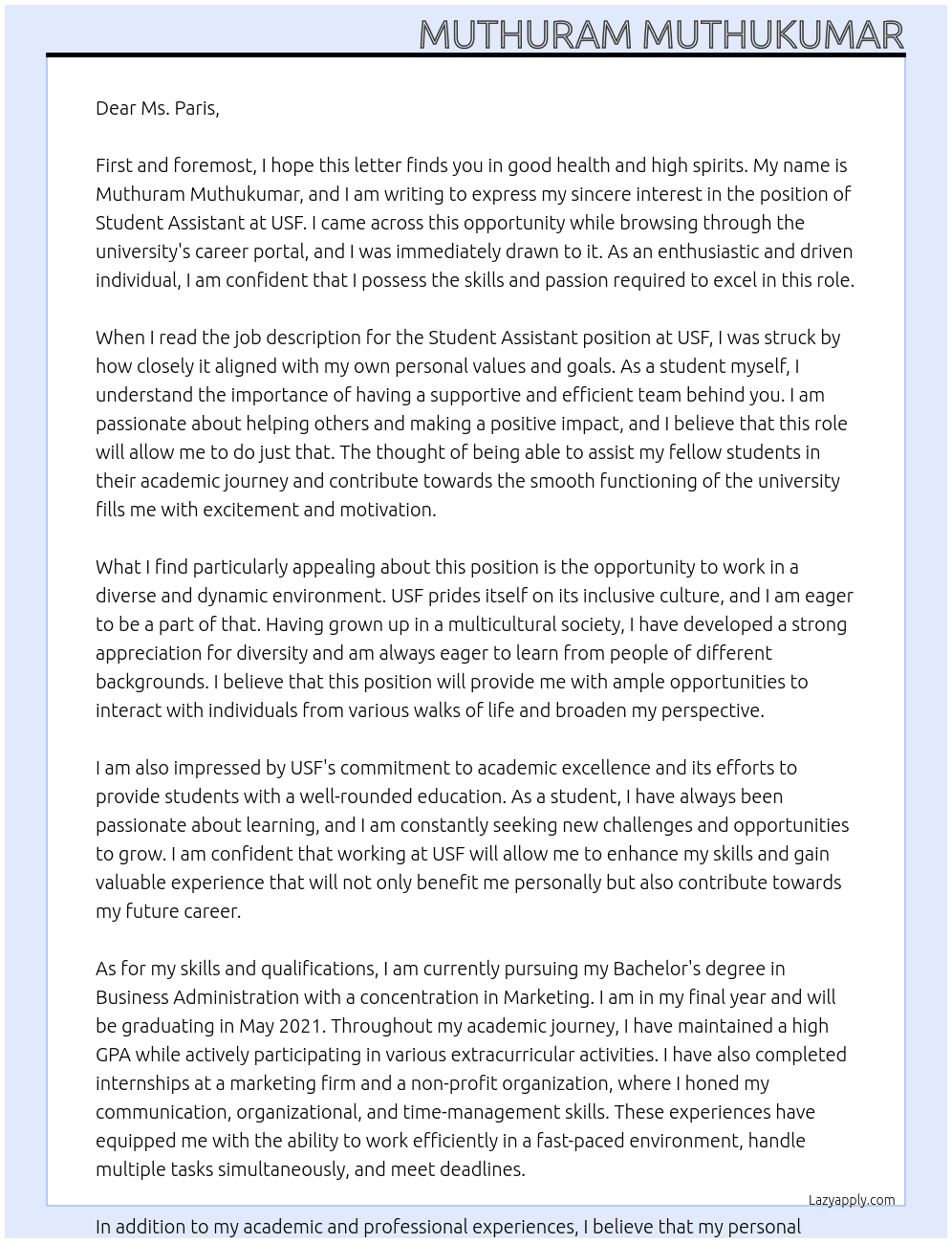 Student Assistant At USF Cover Letter