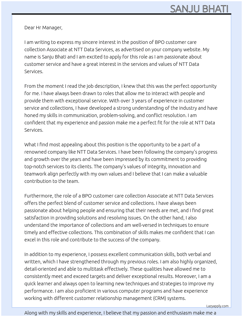 BPO customer care collection Associate At NTT Data Services  Cover Letter
