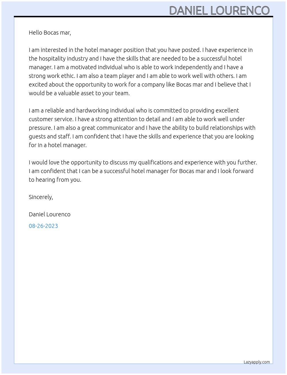 Hotel Manager  At Bocas mar  Cover Letter