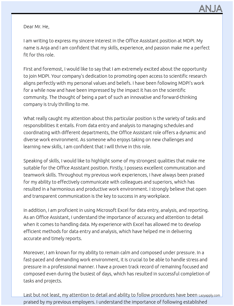 Office Assistant At MDPI Cover Letter