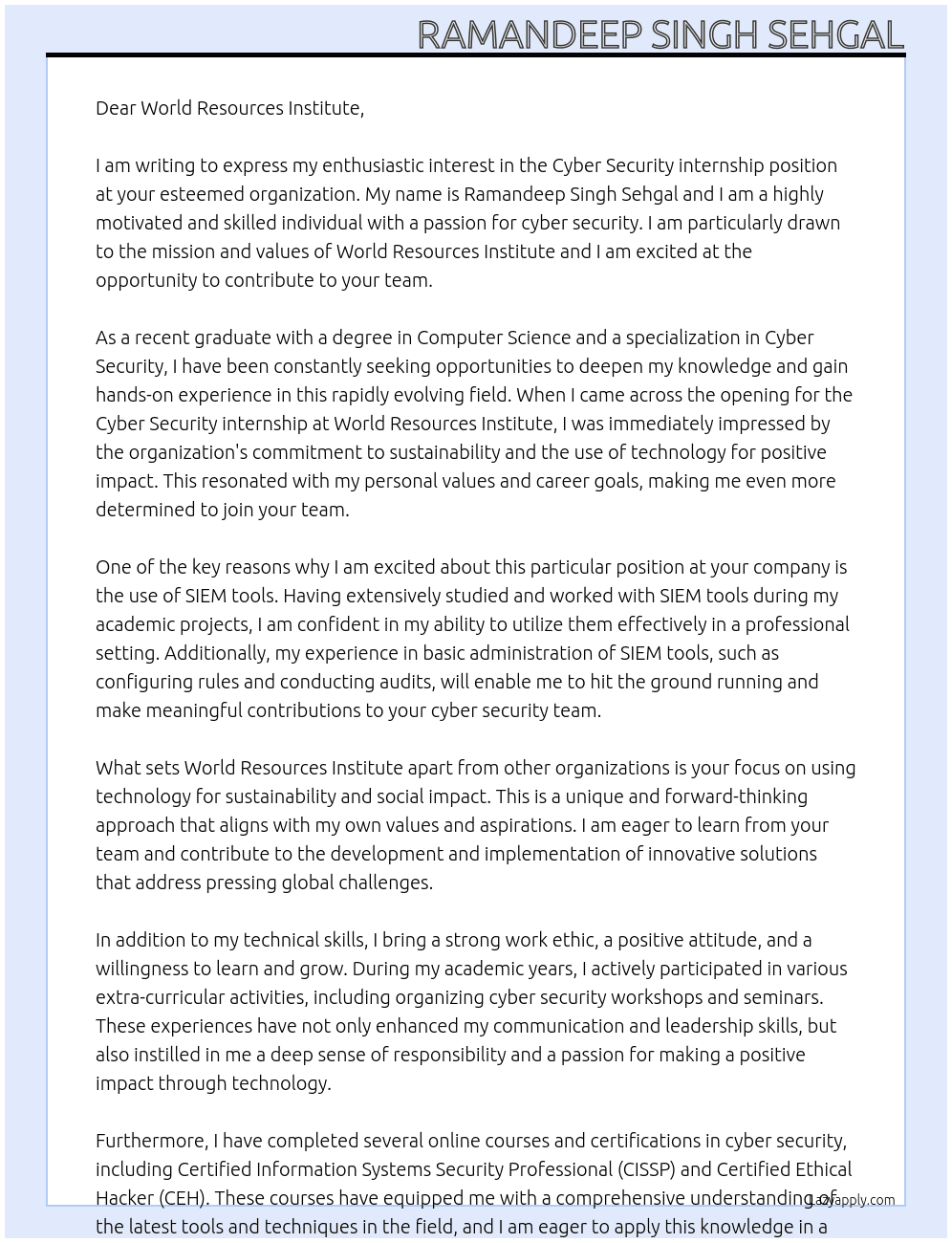 cyber security  At World Resources Institute Cover Letter