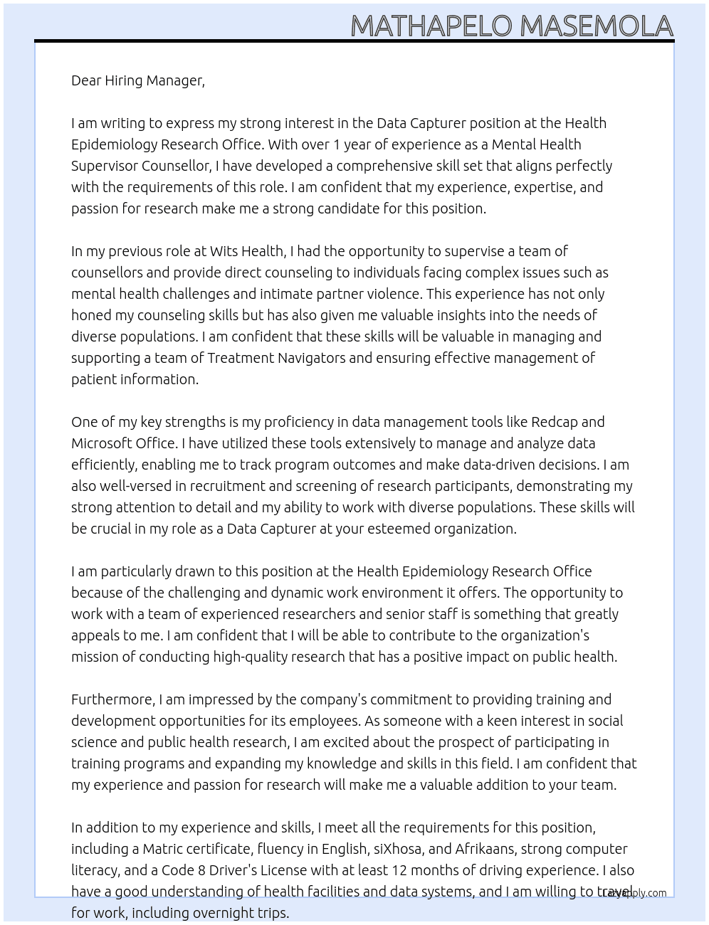 Data Capturer At Health Epidemiology Research Office  Cover Letter