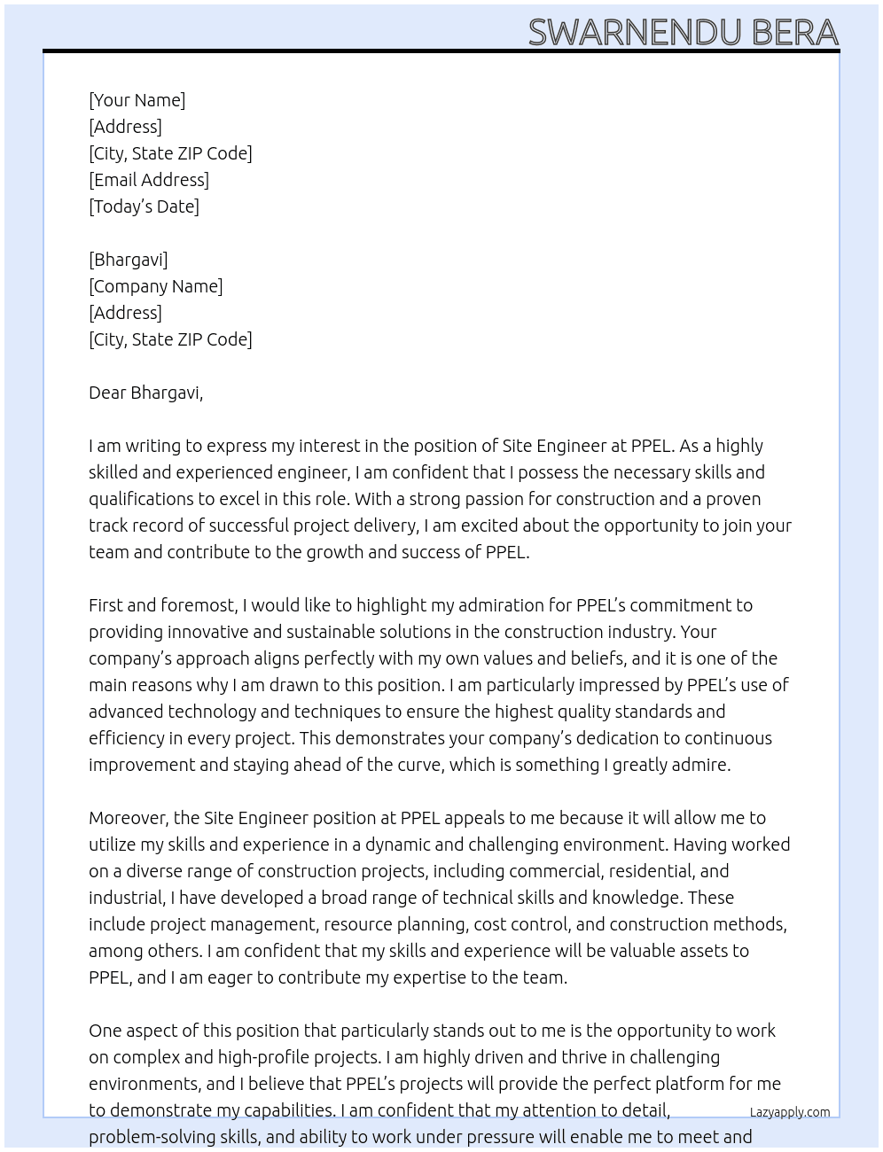 SITE ENGINEER At PPEL Cover Letter