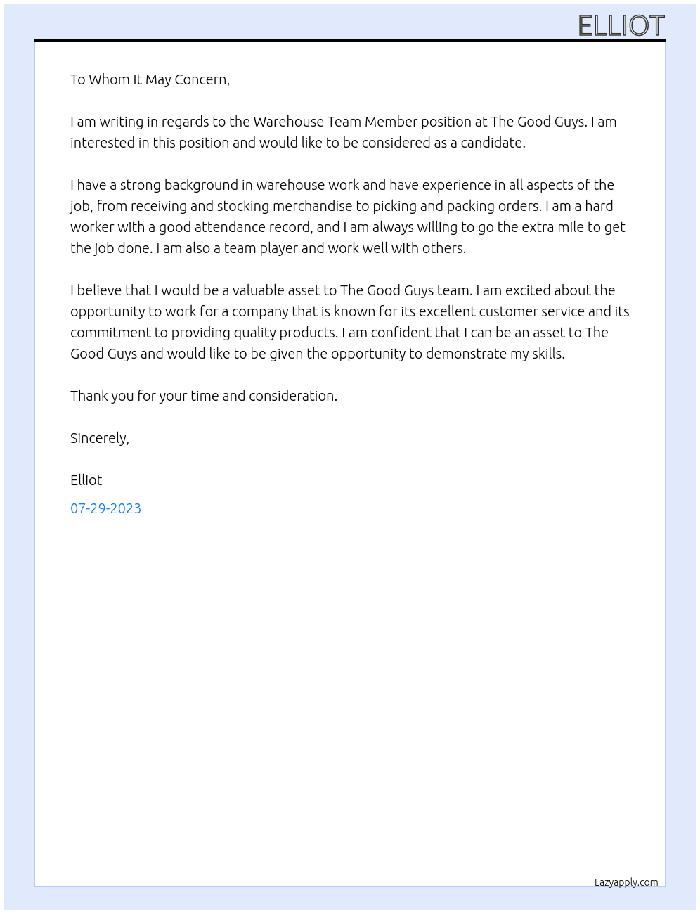 Warehouse Team Member At The Good Guys Cover Letter