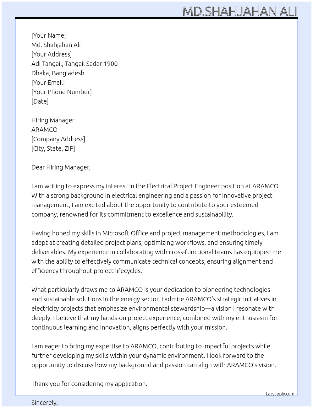 Electrical Project Engineer At ARAMCO Cover Letter