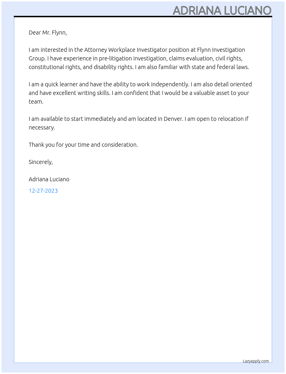 Attorney Workplace Investigator At Flynn Investigation Group Cover Letter