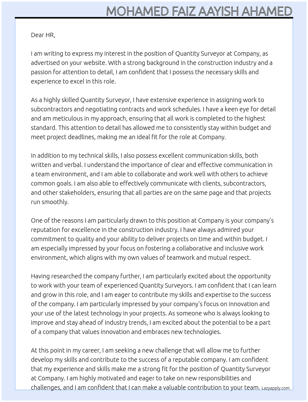Quantity Surveyor At Company Cover Letter